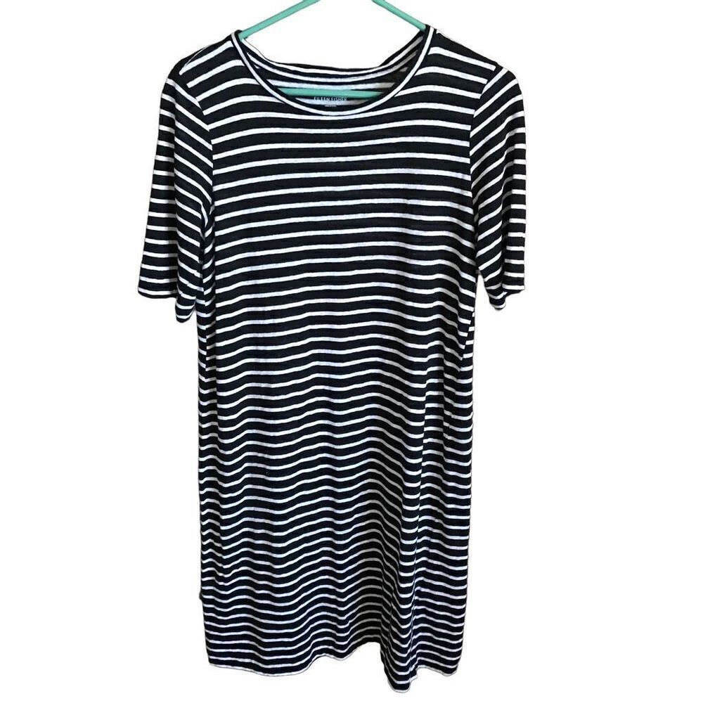 Eileen Fisher Size small black white striped t-shirt style dress organic linen